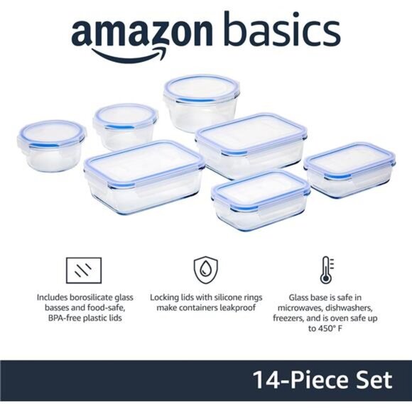 Amazon Basics Leak-Proof Glass Locking Lids Food Storage Containers, 14-Piece - Picture 3 of 7